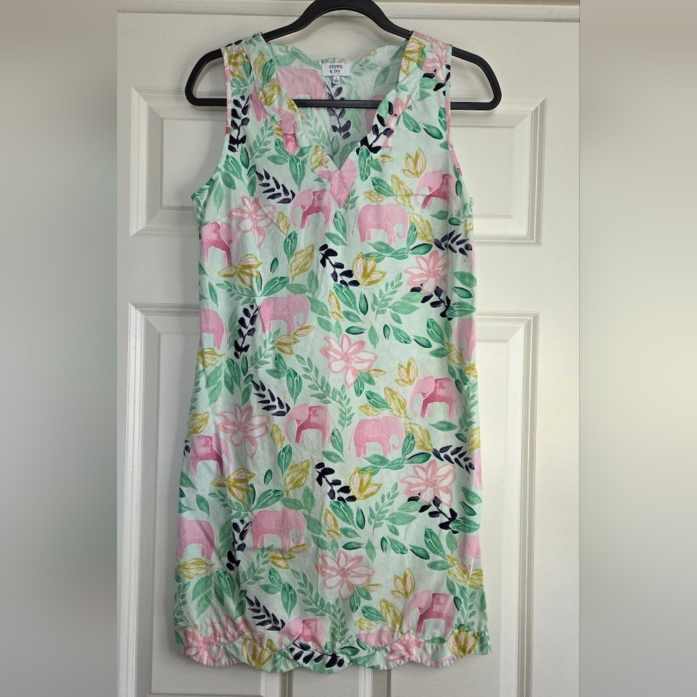 Crown & Ivy Pink and Green Elephant Print Cotton Shift Dress - Size 4